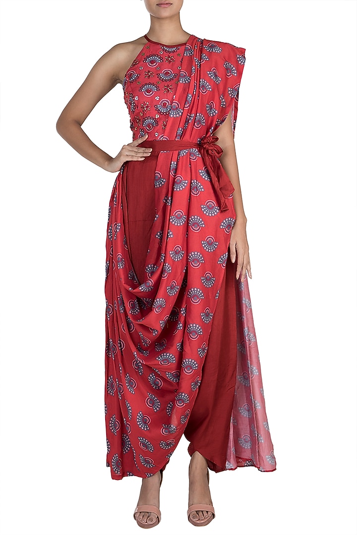 Charlotte Red Embroidered Printed Pant Party Wear Saree Set by Riraan By Rikita & Ratna at Pernia's Pop Up Shop