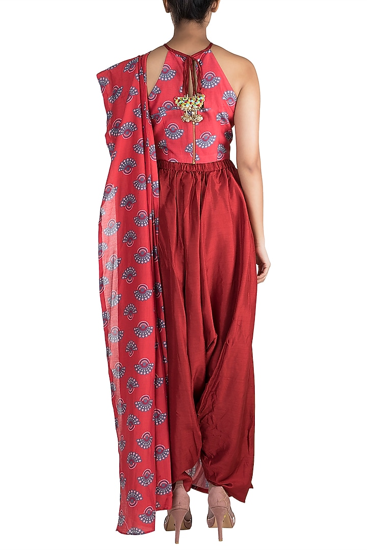 Charlotte Red Embroidered Printed Pant Party Wear Saree Set by Riraan By Rikita & Ratna at Pernia's Pop Up Shop
