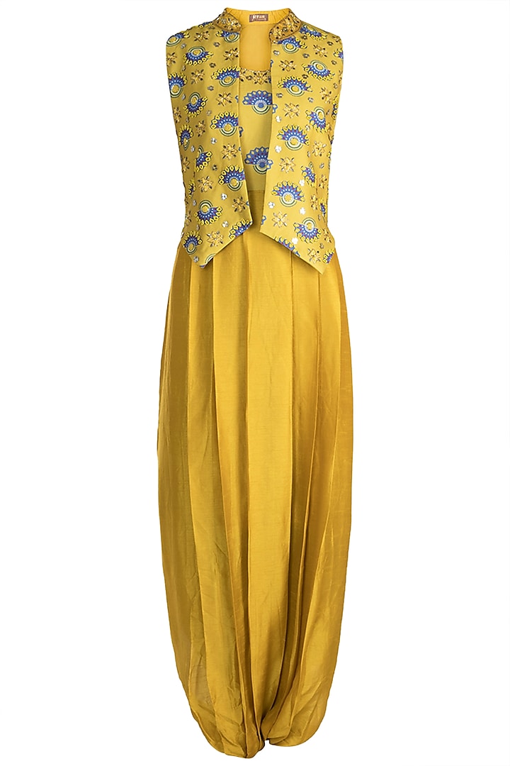 Tuscan Yellow Embroidered Printed Jumpsuit With Jacket by Riraan By Rikita & Ratna