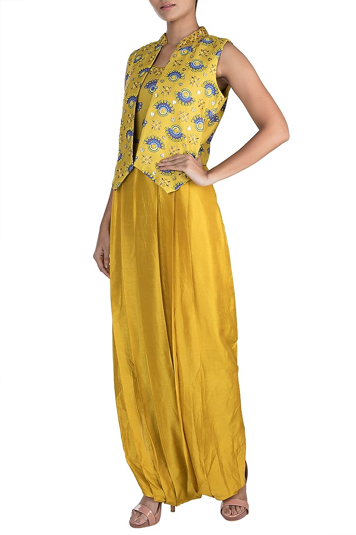 Tuscan Yellow Embroidered Printed Jumpsuit With Jacket by Riraan By Rikita & Ratna at Pernia's Pop Up Shop