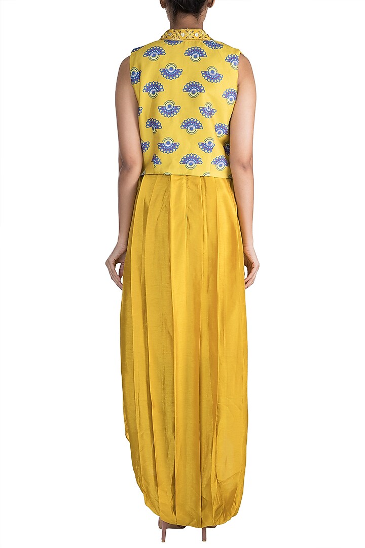 Tuscan Yellow Embroidered Printed Jumpsuit With Jacket by Riraan By Rikita & Ratna at Pernia's Pop Up Shop