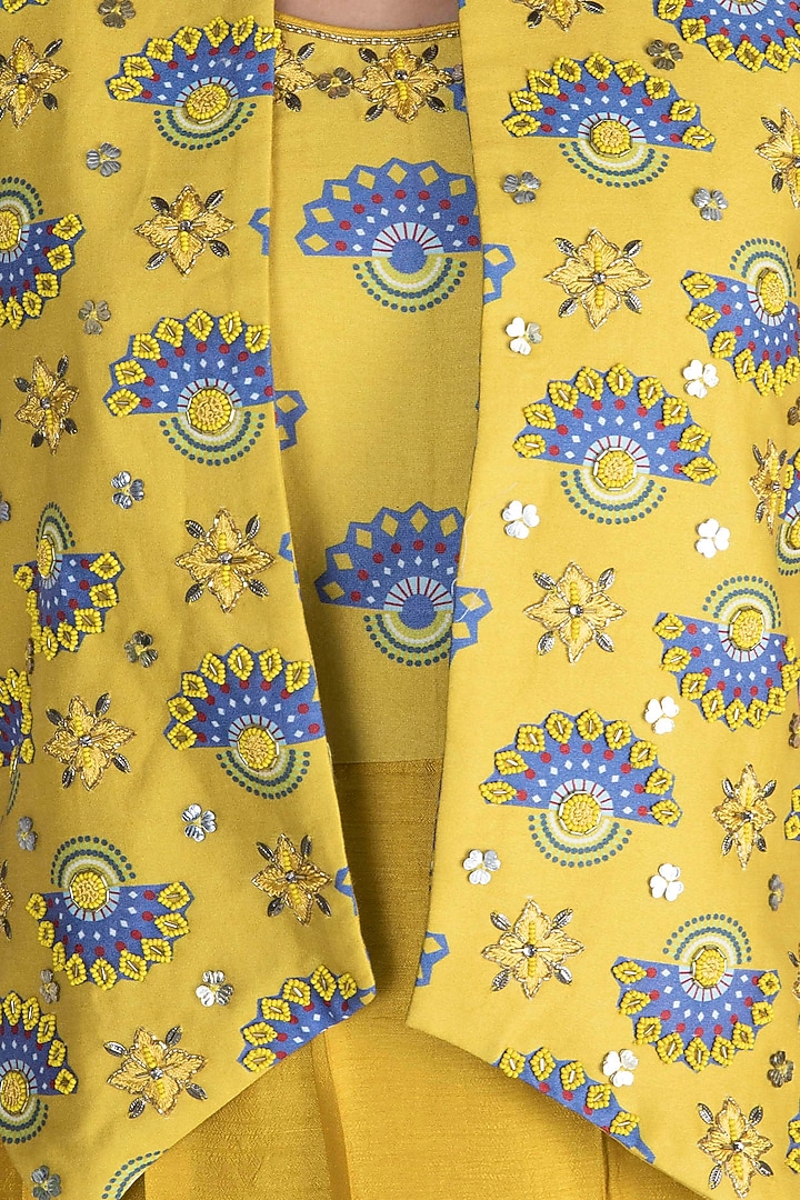 Tuscan Yellow Embroidered Printed Jumpsuit With Jacket by Riraan By Rikita & Ratna at Pernia's Pop Up Shop