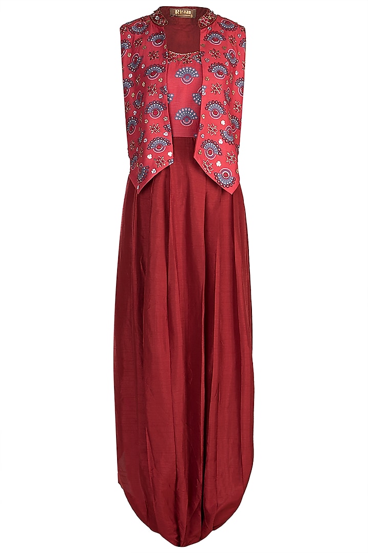 Charlotte Red Embroidered Printed Jumpsuit With Jacket Design by Riraan ...