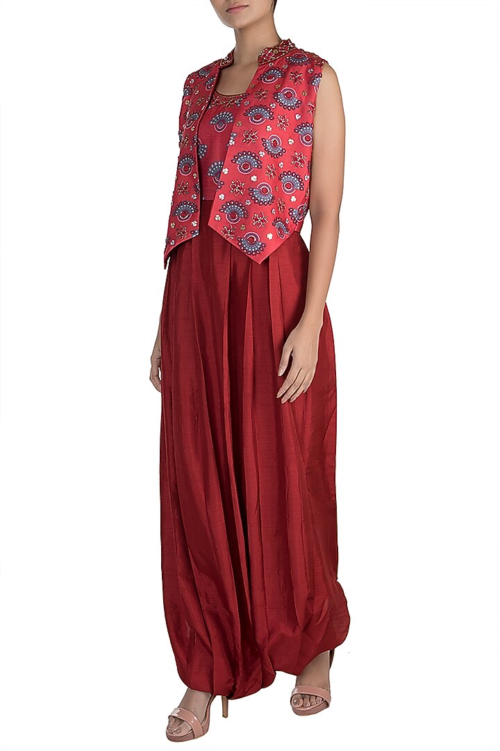 Charlotte Red Embroidered Printed Jumpsuit With Jacket by Riraan By Rikita & Ratna at Pernia's Pop Up Shop