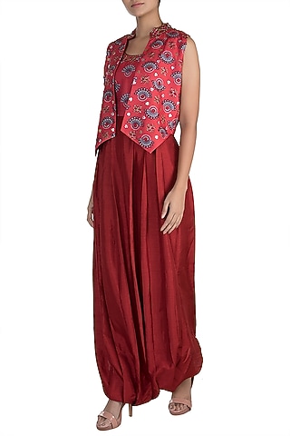 Charlotte Red Embroidered Printed Jumpsuit With Jacket by Riraan By Rikita & Ratna
