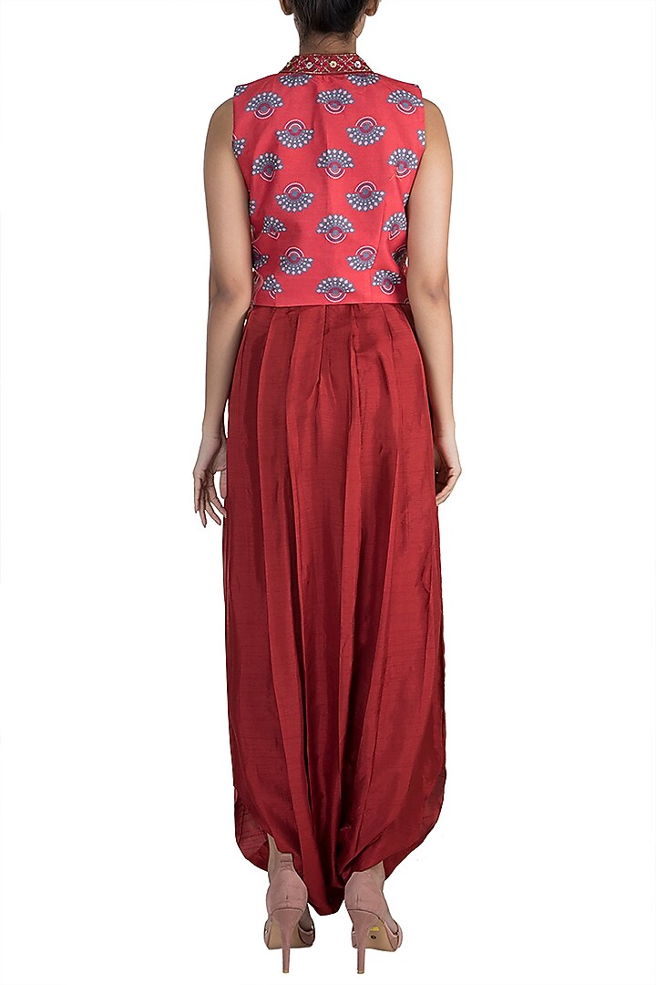 Charlotte Red Embroidered Printed Jumpsuit With Jacket by Riraan By Rikita & Ratna at Pernia's Pop Up Shop