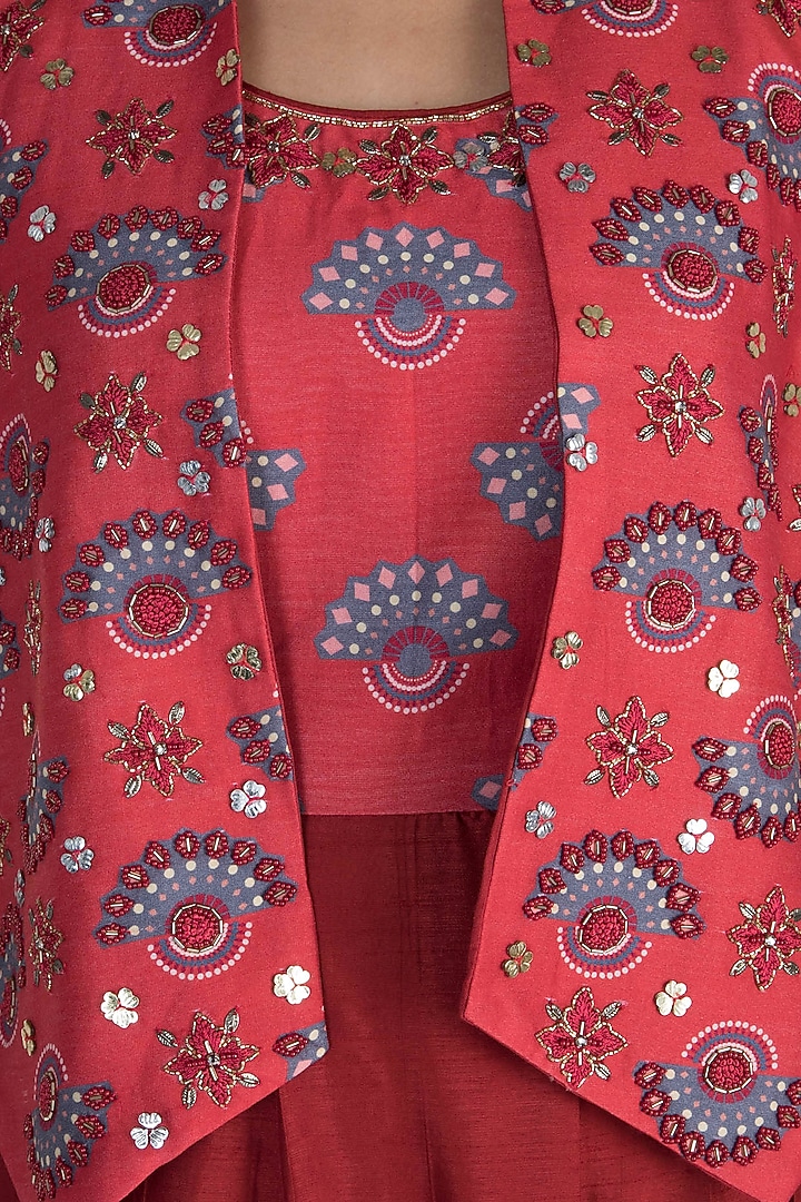 Charlotte Red Embroidered Printed Jumpsuit With Jacket by Riraan By Rikita & Ratna at Pernia's Pop Up Shop