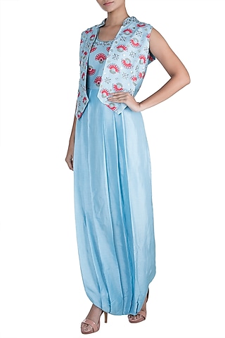 Azure Blue Embroidered Printed Jumpsuit With Jacket by Riraan By Rikita & Ratna