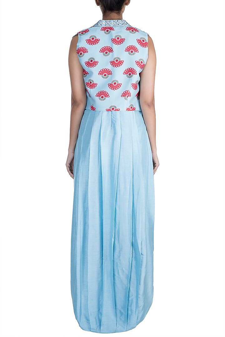 Azure Blue Embroidered Printed Jumpsuit With Jacket by Riraan By Rikita & Ratna at Pernia's Pop Up Shop