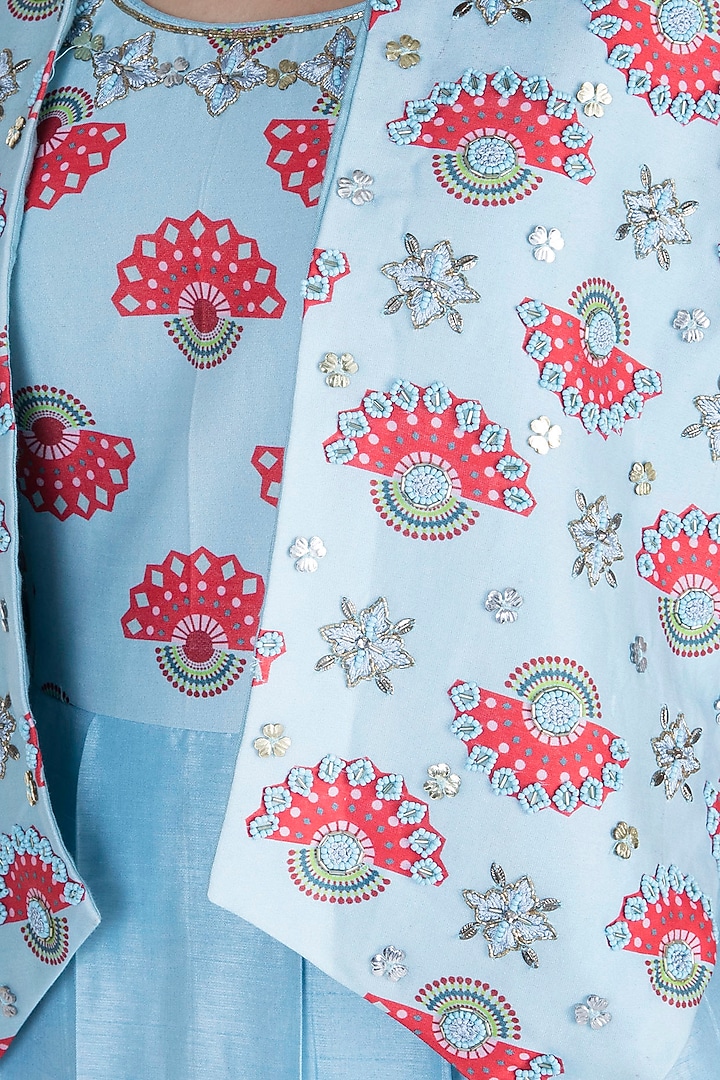 Azure Blue Embroidered Printed Jumpsuit With Jacket by Riraan By Rikita & Ratna at Pernia's Pop Up Shop