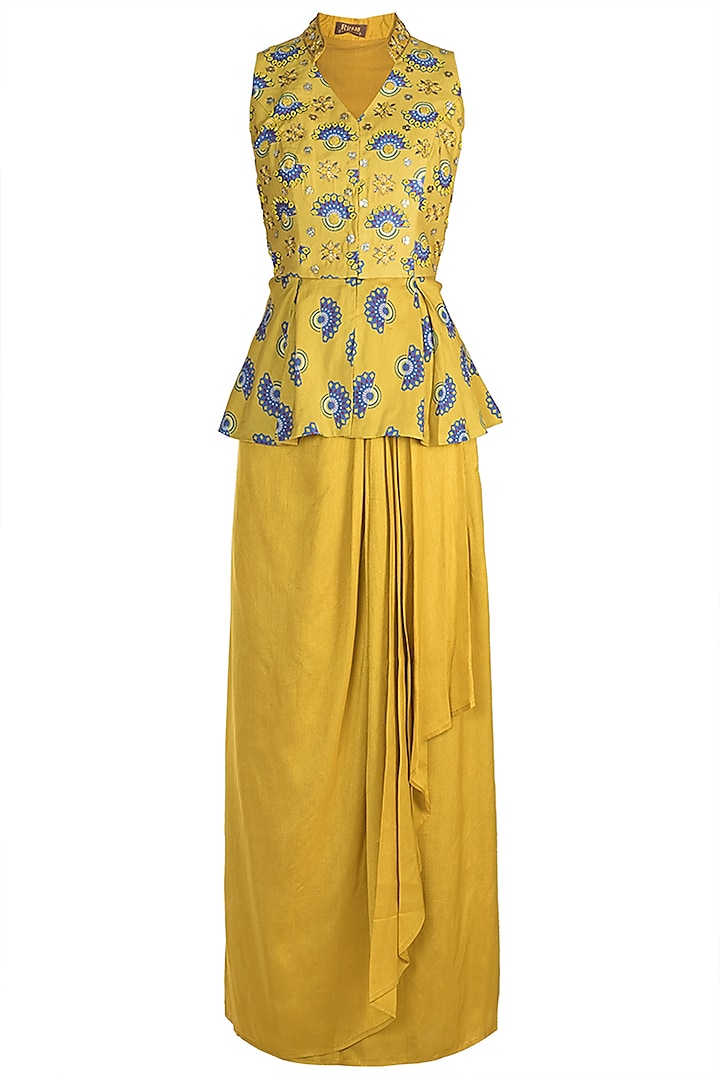 Tuscan Yellow Embroidered Printed Peplum Top With Skirt by Riraan By Rikita & Ratna