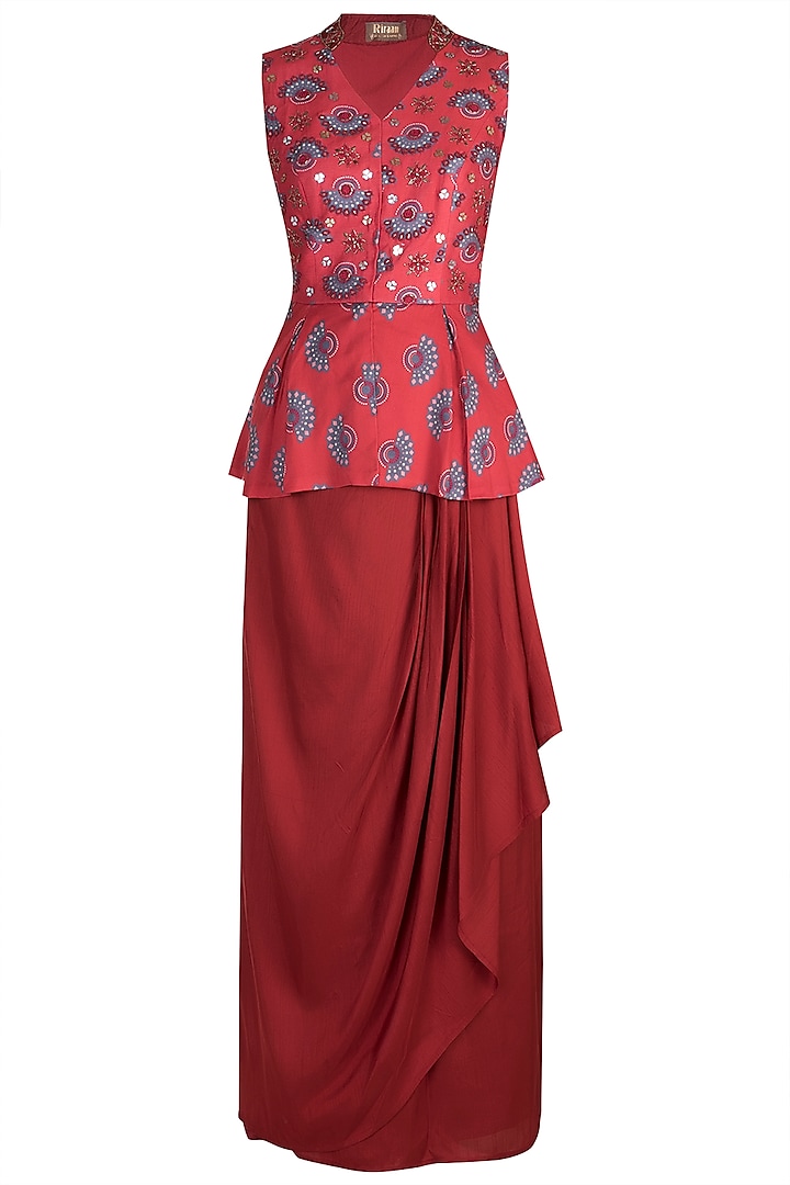 Charlotte Red Embroidered Printed Peplum Top With Skirt by Riraan By Rikita & Ratna
