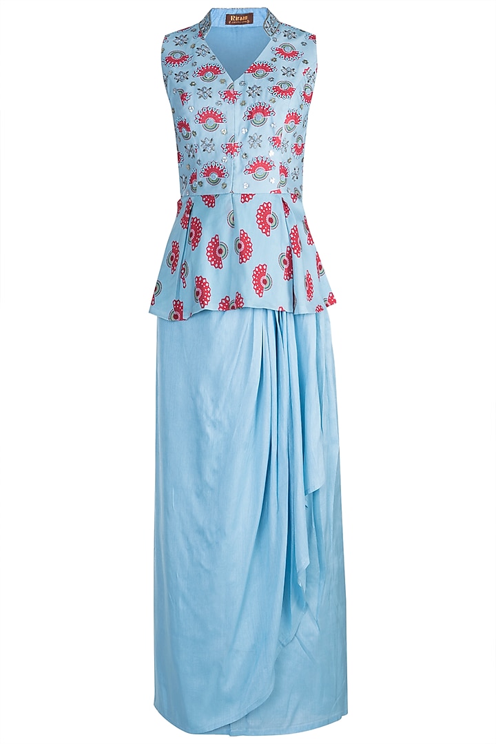 Azure Blue Embroidered Printed Peplum Top With Skirt by Riraan By Rikita & Ratna