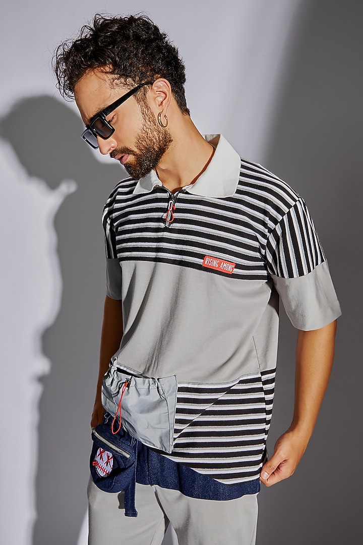 Grey Poly Tencel & Looper Knit Party Wear Shirt by RISING AMONG at Pernia's Pop Up Shop