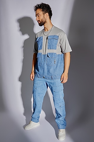 Blue Cotton Denim & Poly Tencel Oversized T-shirt by RISING AMONG