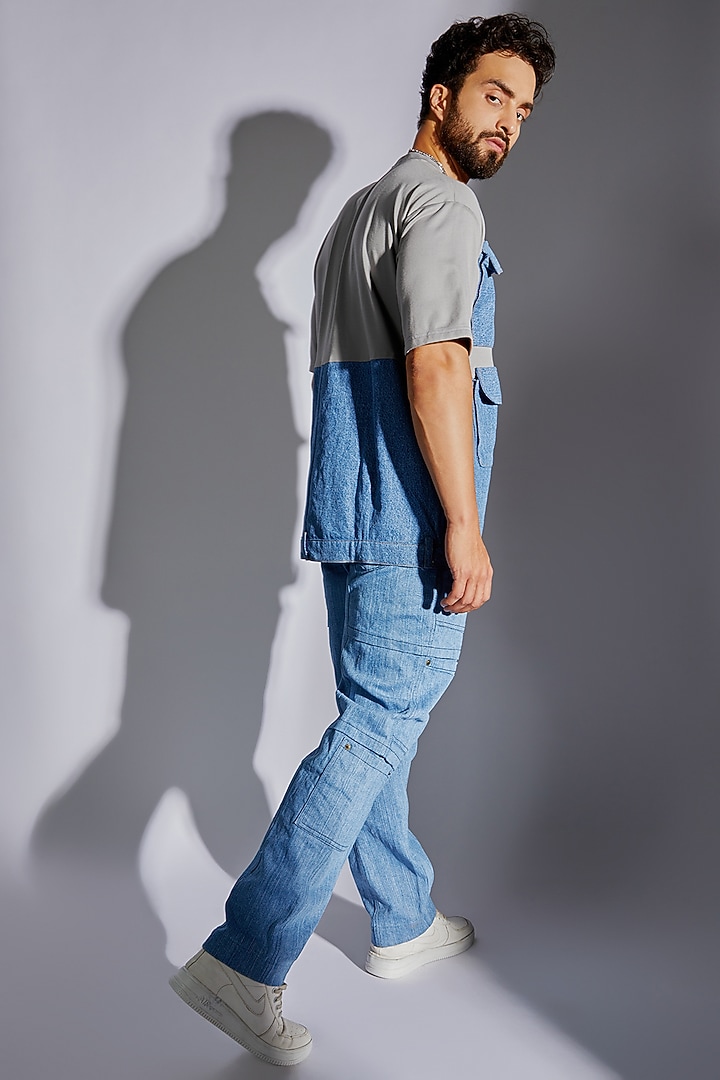 Blue Cotton Denim & Poly Tencel Oversized T-shirt by RISING AMONG at Pernia's Pop Up Shop