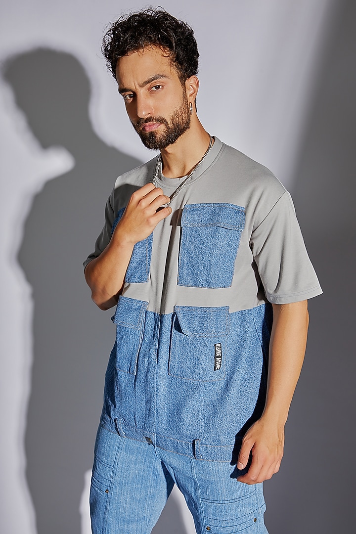 Blue Cotton Denim & Poly Tencel Oversized T-shirt by RISING AMONG at Pernia's Pop Up Shop