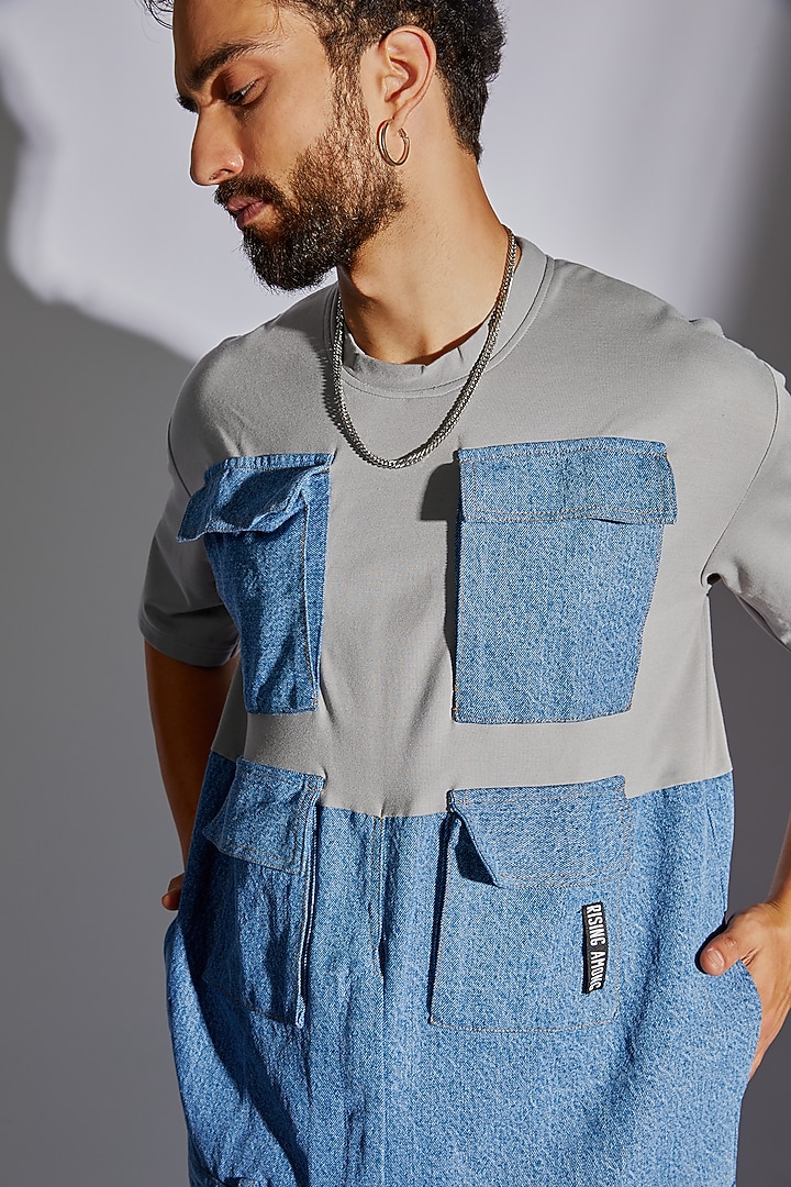 Blue Cotton Denim & Poly Tencel Oversized T-shirt by RISING AMONG at Pernia's Pop Up Shop