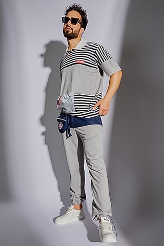 Grey Cotton Denim & Poly Tencel Pants by RISING AMONG