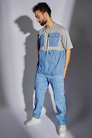 Blue Cotton Denim Pants by RISING AMONG