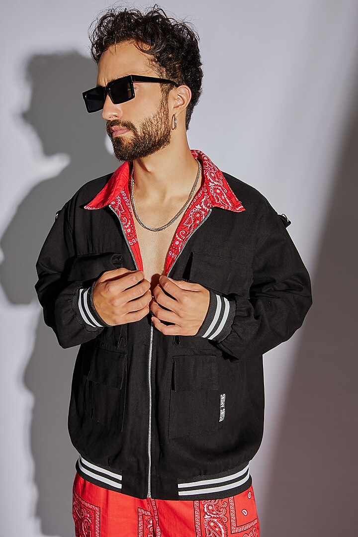 Black Cotton Denim Printed Jacket by RISING AMONG at Pernia's Pop Up Shop