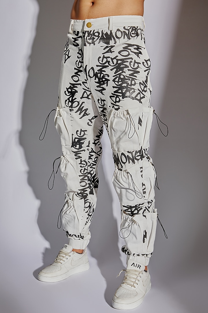 White Cotton Knit Denim Cargo Pants Design by RISING AMONG at
