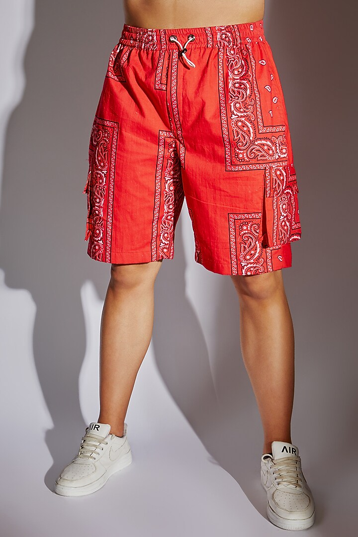 Red Cotton Printed Shorts by RISING AMONG at Pernia's Pop Up Shop