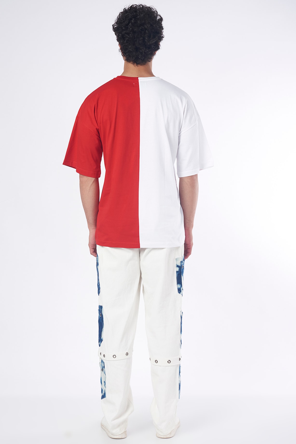 Red & White Cotton Half-Half T-shirt by RISING AMONG