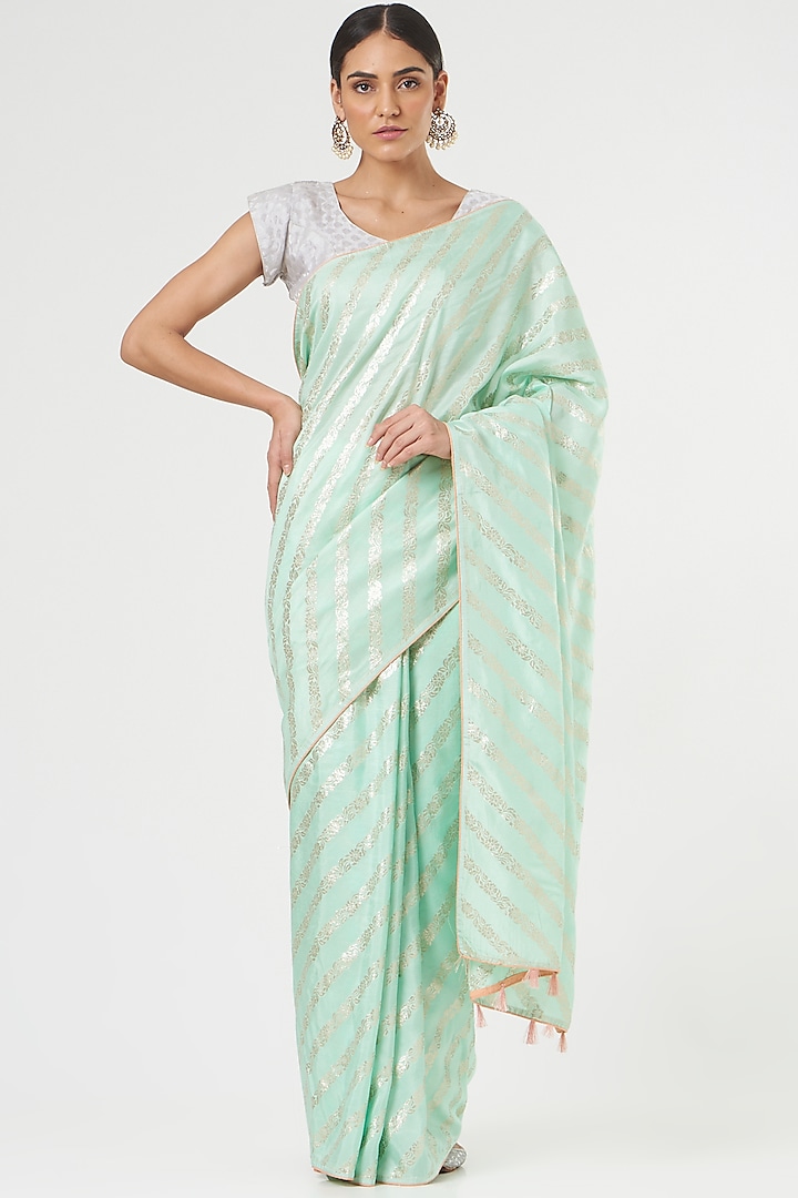 Sea Green Silk Saree Set by NARMADESHWARI