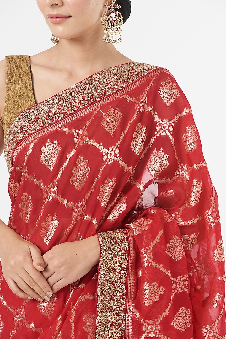 Red Silk Wedding Saree Set With Gold Zari by NARMADESHWARI at Pernia's Pop Up Shop