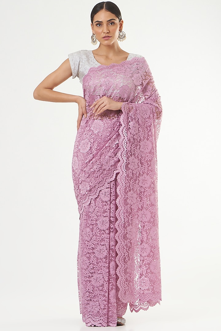 Pink French Chantilly Lace Saree Set by NARMADESHWARI