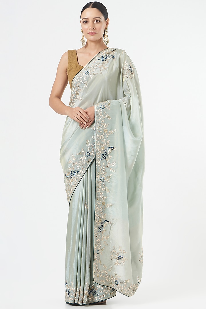 Dusty Ice Blue Silk Tissue Party Wear Saree Set by NARMADESHWARI at Pernia's Pop Up Shop