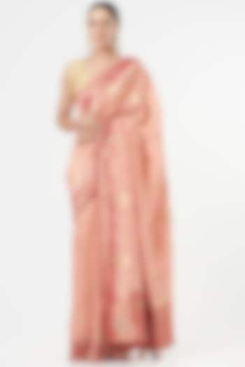 Peachy Pink Silk Saree Set by NARMADESHWARI