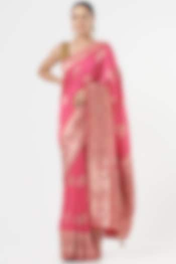 Magenta Pink Silk Saree Set by NARMADESHWARI
