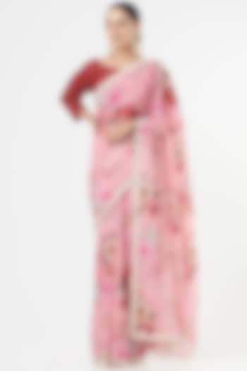 Blush Pink Digital Printed Saree Set by NARMADESHWARI