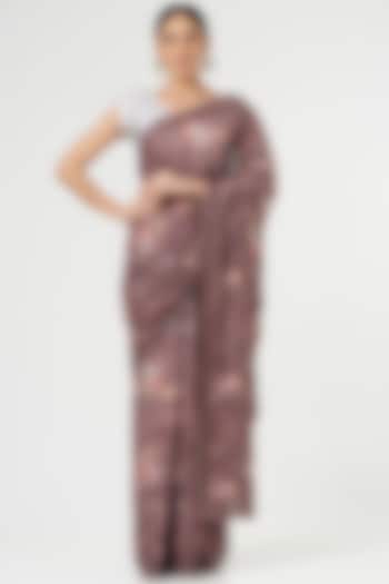 Earthy Brown Georgette Digital Printed Saree Set by NARMADESHWARI