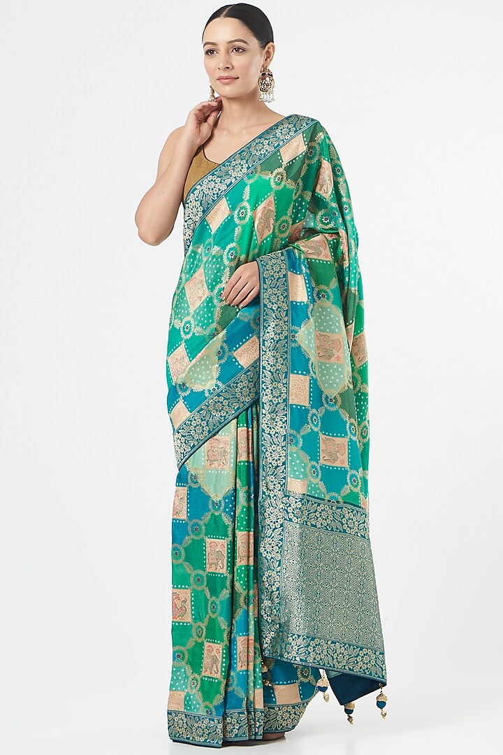 Blush Green Banarasi Silk Saree Set by NARMADESHWARI