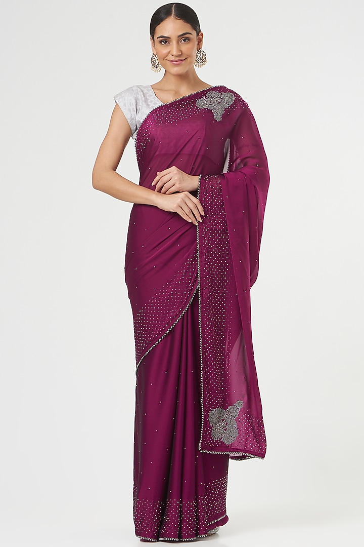 Wine Satin Georgette Festive Saree Set by NARMADESHWARI at Pernia's Pop Up Shop