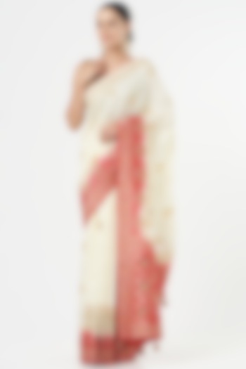 White Banarasi Silk Cutdana Embroidered Party Wear Saree Set by NARMADESHWARI at Pernia's Pop Up Shop