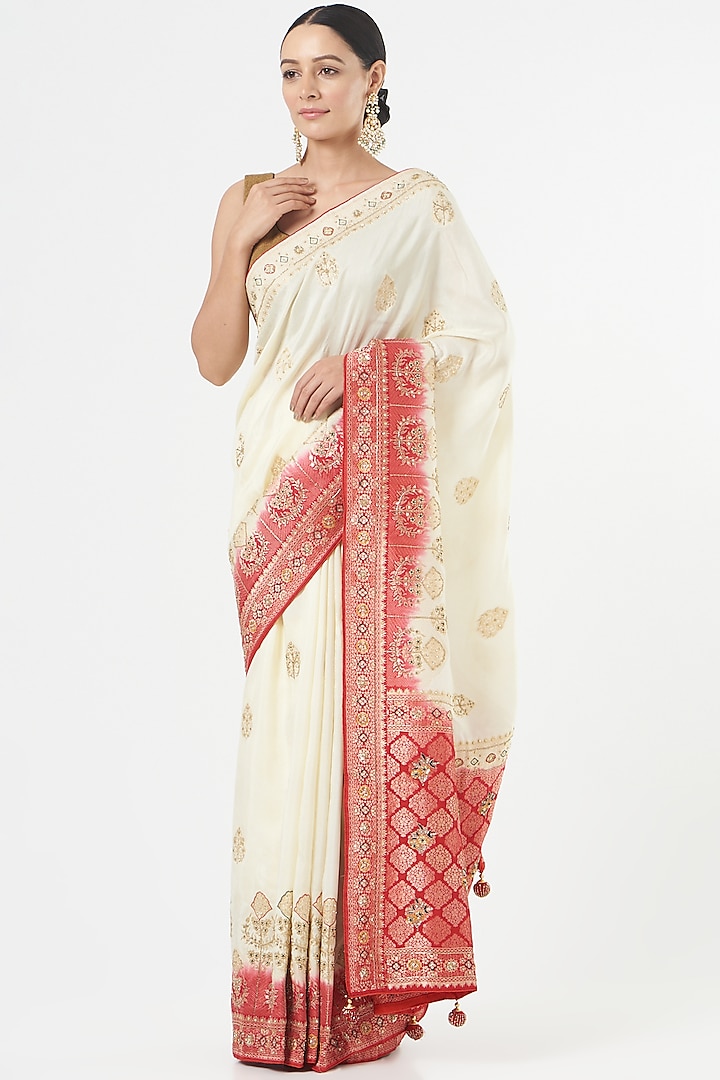 White Banarasi Silk Cutdana Embroidered Saree Set by NARMADESHWARI