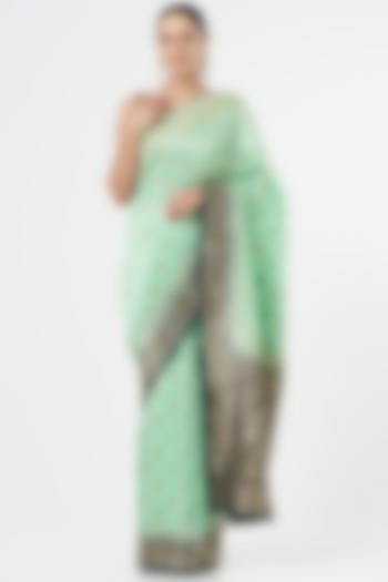 Green Banarasi Silk Weave Motif Party Wear Saree Set by NARMADESHWARI at Pernia's Pop Up Shop
