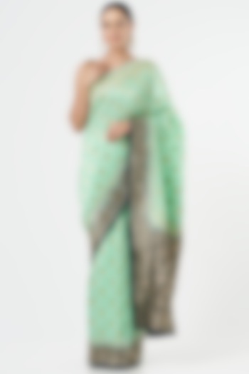 Green Banarasi Silk Weave Motif Saree Set by NARMADESHWARI