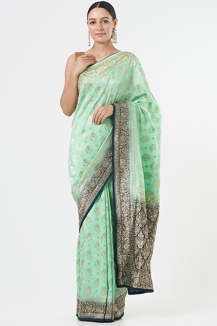 Green Banarasi Silk Weave Motif Party Wear Saree Set by NARMADESHWARI at Pernia's Pop Up Shop