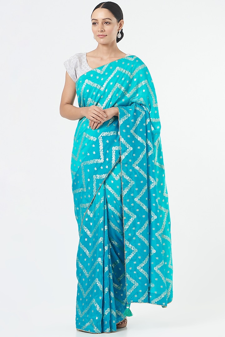 Blue Chanderi Silk Saree Set by NARMADESHWARI