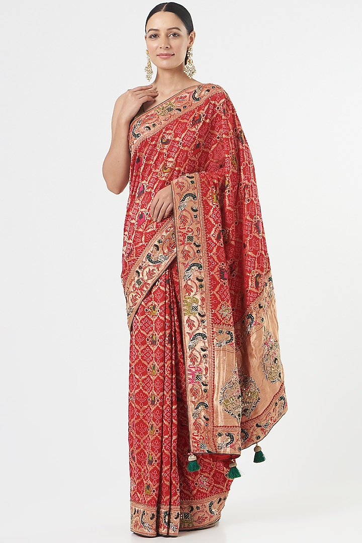 Red Silk Saree Set by NARMADESHWARI
