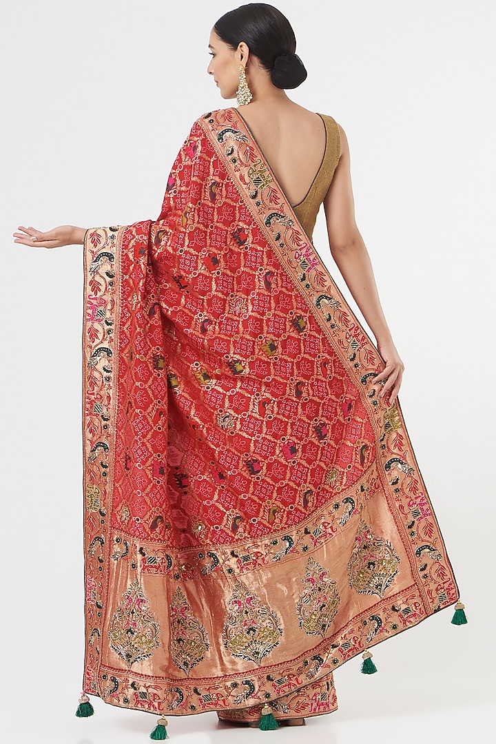 Red Silk Party Wear Saree Set by NARMADESHWARI at Pernia's Pop Up Shop