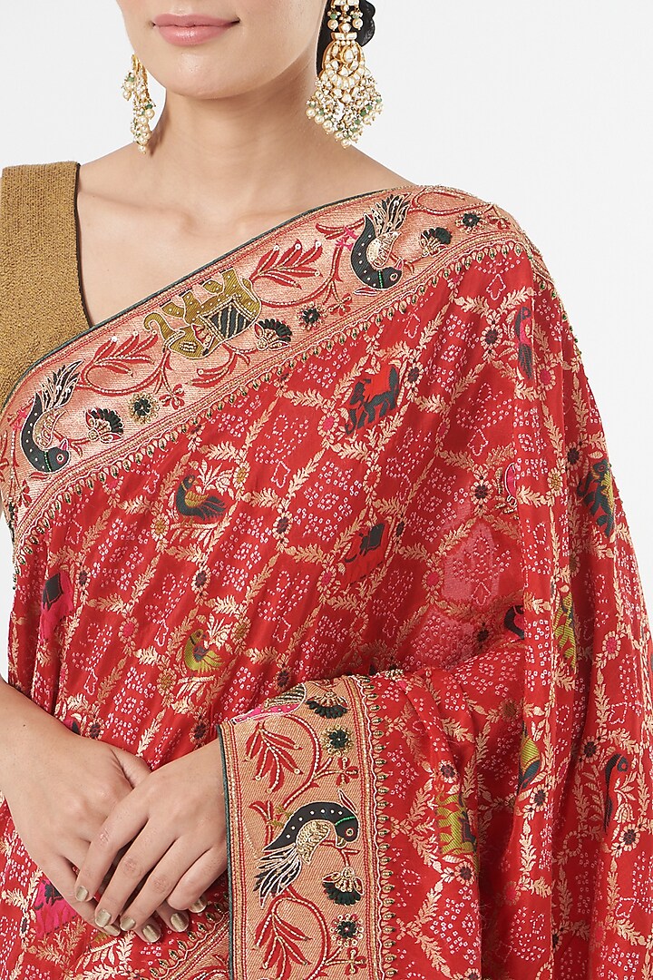 Red Silk Party Wear Saree Set by NARMADESHWARI at Pernia's Pop Up Shop