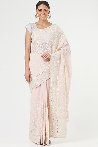 Blush Pink Saree Set In Georgette by NARMADESHWARI