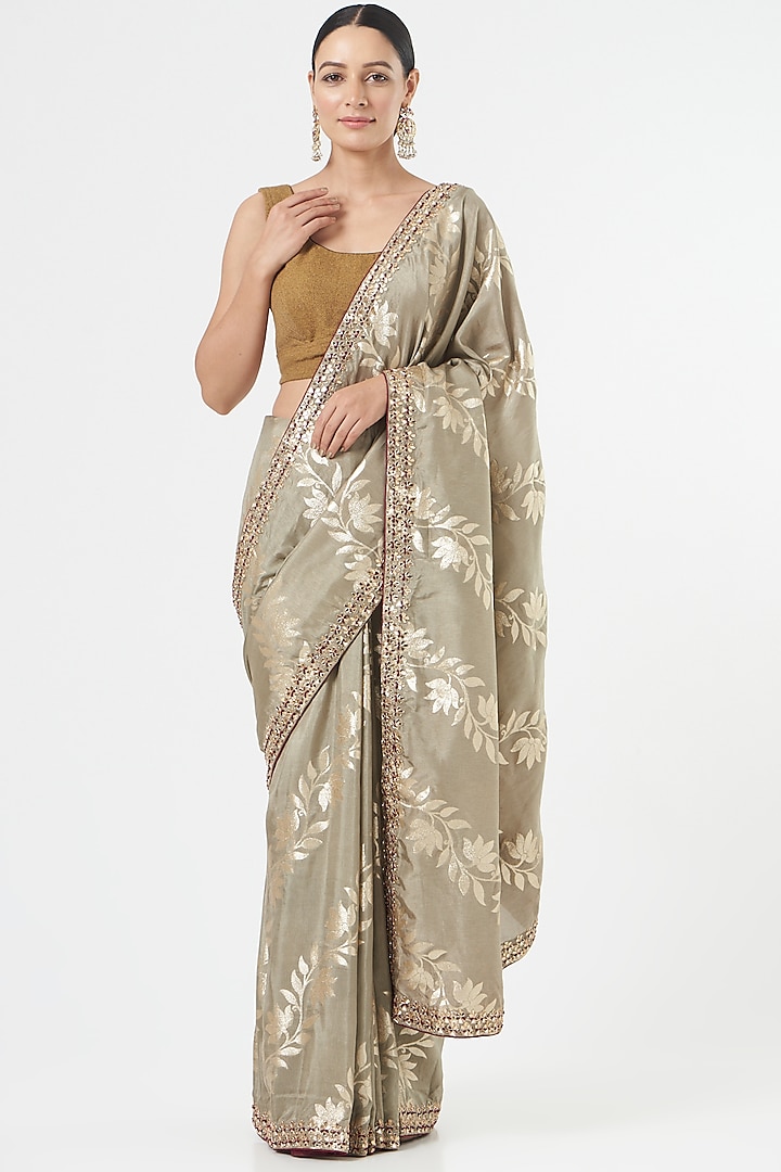 Grey Silk Party Wear Saree Set by NARMADESHWARI at Pernia's Pop Up Shop
