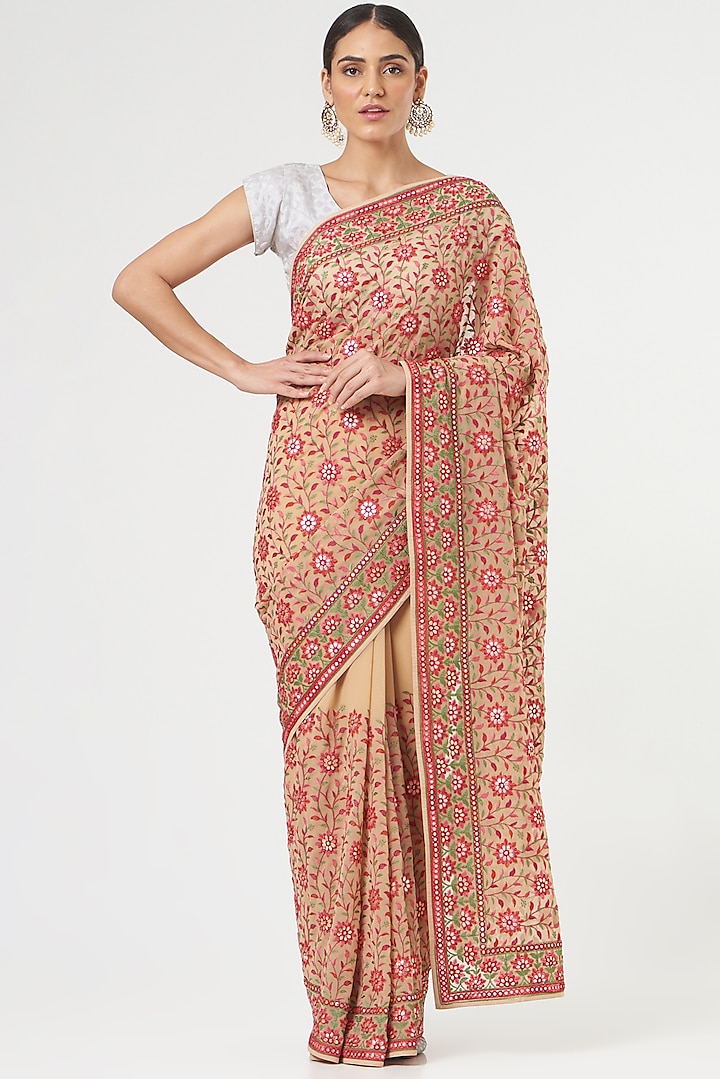 Beige Saree Set In Georgette by NARMADESHWARI